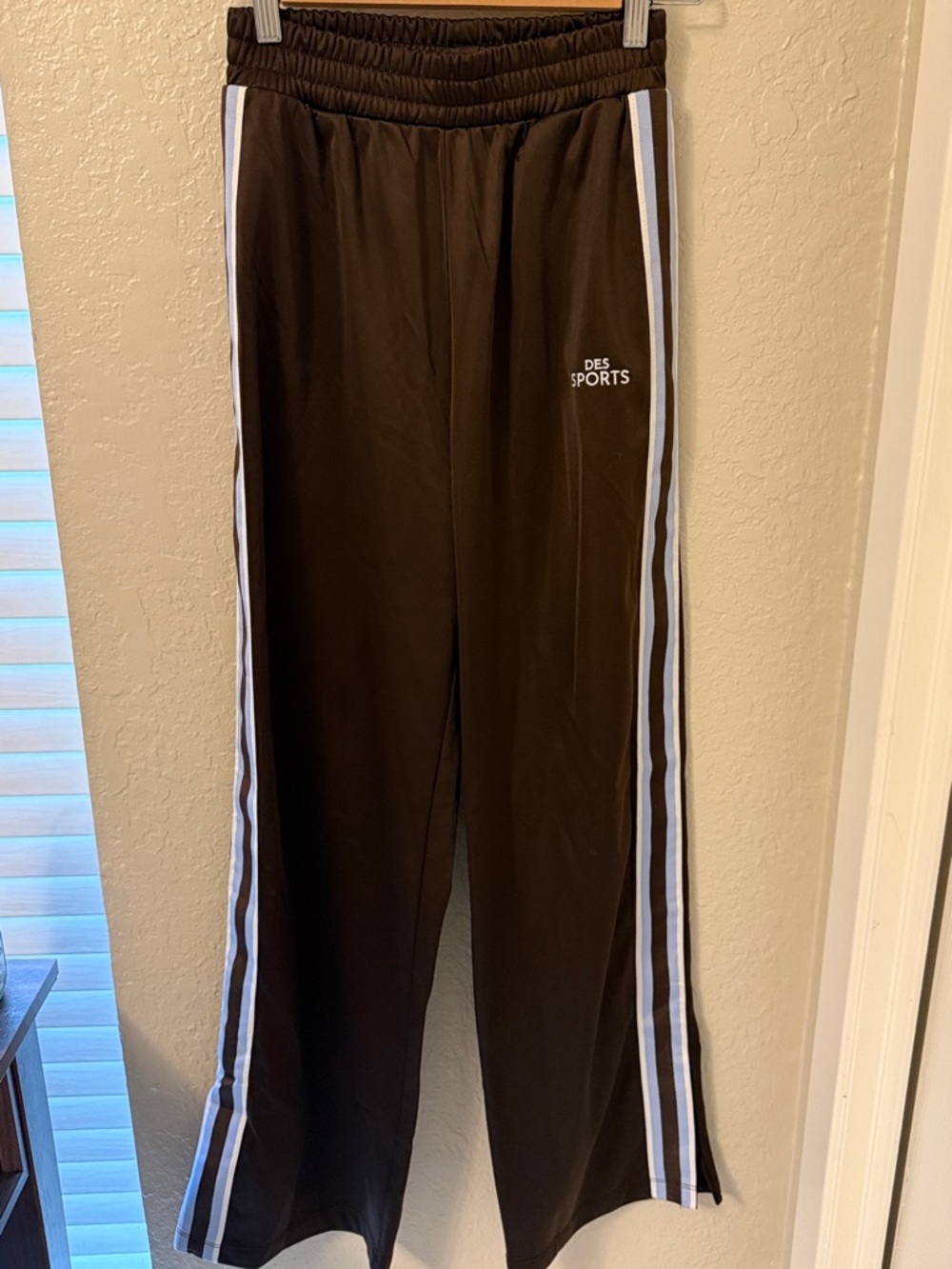 Brown Track Pants with White/Blue Side Stripes